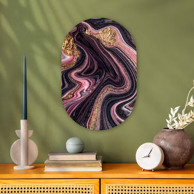 Marmerlook - Roze - Paars - Goud - Luxe - Marmer Wandcirkel Ovaal Forex klein -sfeer2