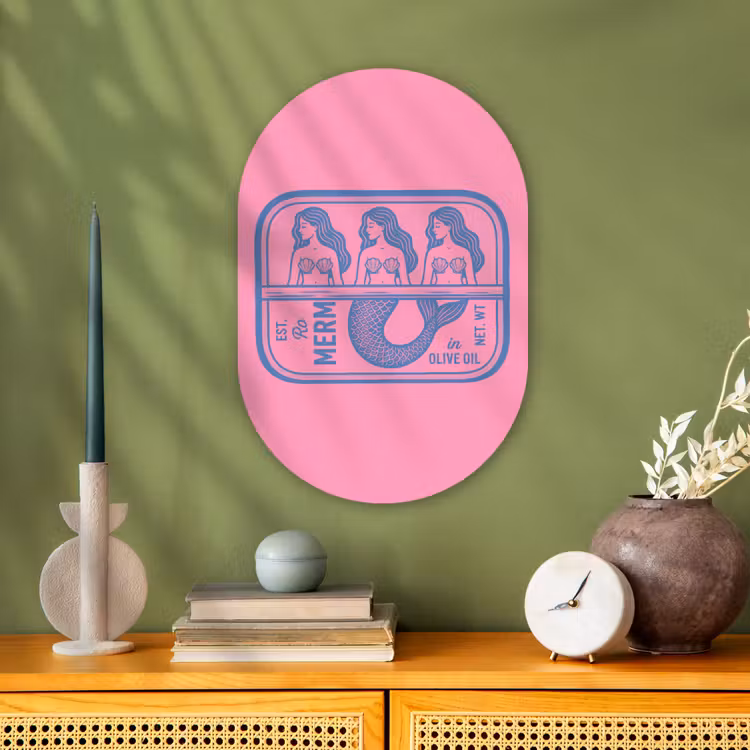 Meermin - Sardineblik - Illustratie - Roze - Retro Wandcirkel Ovaal Forex klein -sfeer2