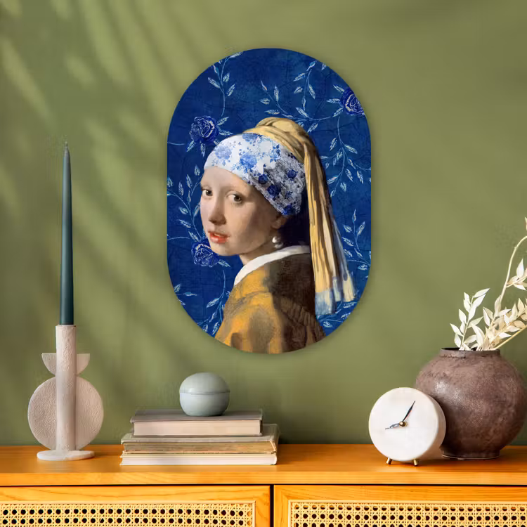 Meisje met de parel - Delfts blauw - Vermeer - Bloemen - Schilderij - Oude meesters Wandcirkel Ovaal Forex klein -sfeer2