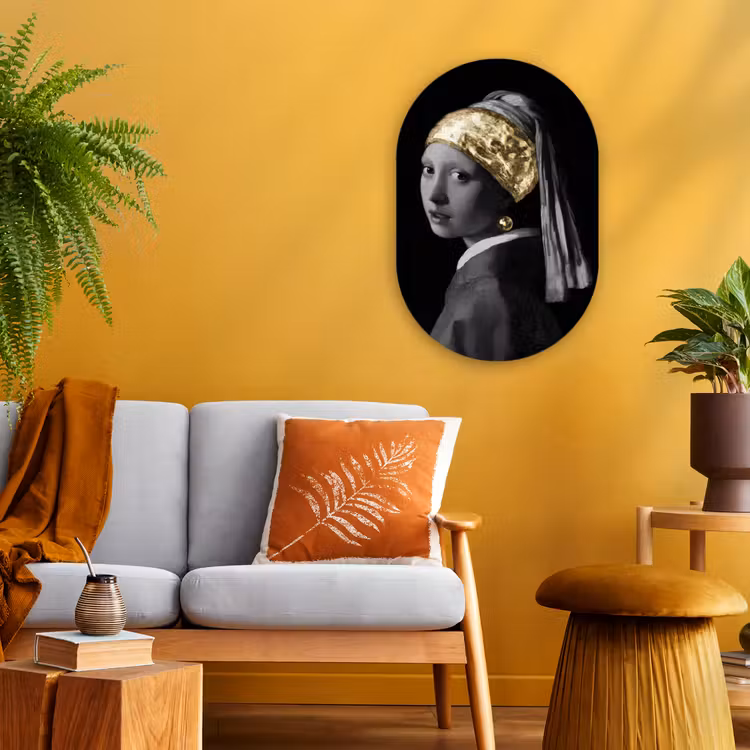 Meisje met de parel - Johannes Vermeer - Goud Wandcirkel Ovaal Forex klein -sfeer4