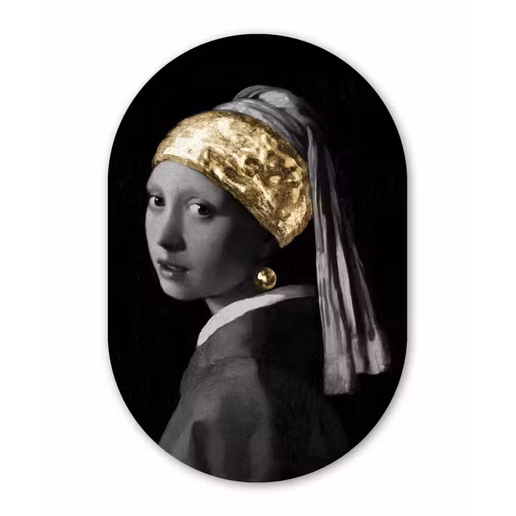 Meisje met de parel - Johannes Vermeer - Goud Wandcirkel Ovaal Forex klein -3d