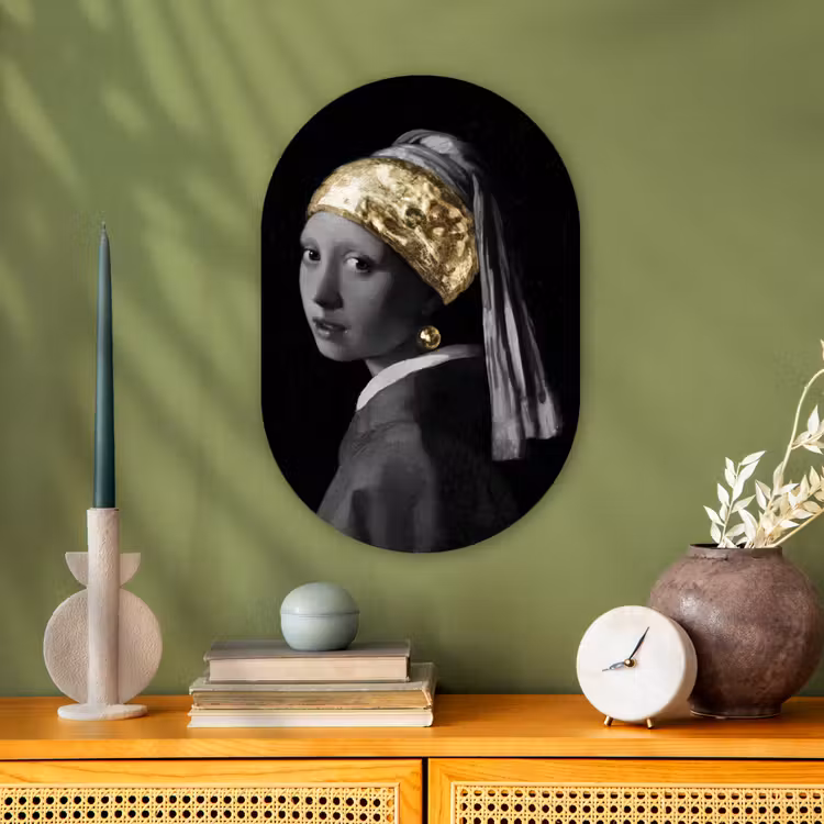 Meisje met de parel - Johannes Vermeer - Goud Wandcirkel Ovaal Forex klein -sfeer2