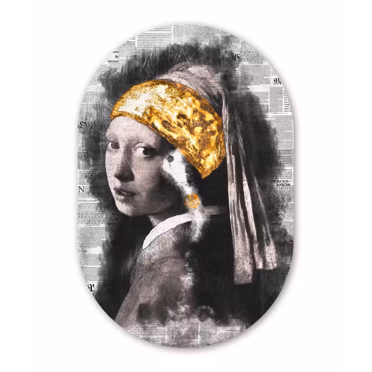Meisje met de parel - Johannes Vermeer - Krant - Goud Wandcirkel Ovaal Forex klein -3d