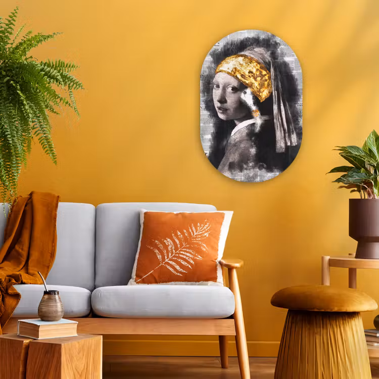 Meisje met de parel - Johannes Vermeer - Krant - Goud Wandcirkel Ovaal Forex klein -sfeer4
