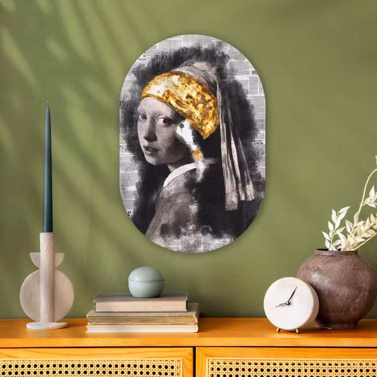 Meisje met de parel - Johannes Vermeer - Krant - Goud Wandcirkel Ovaal Forex klein -sfeer2