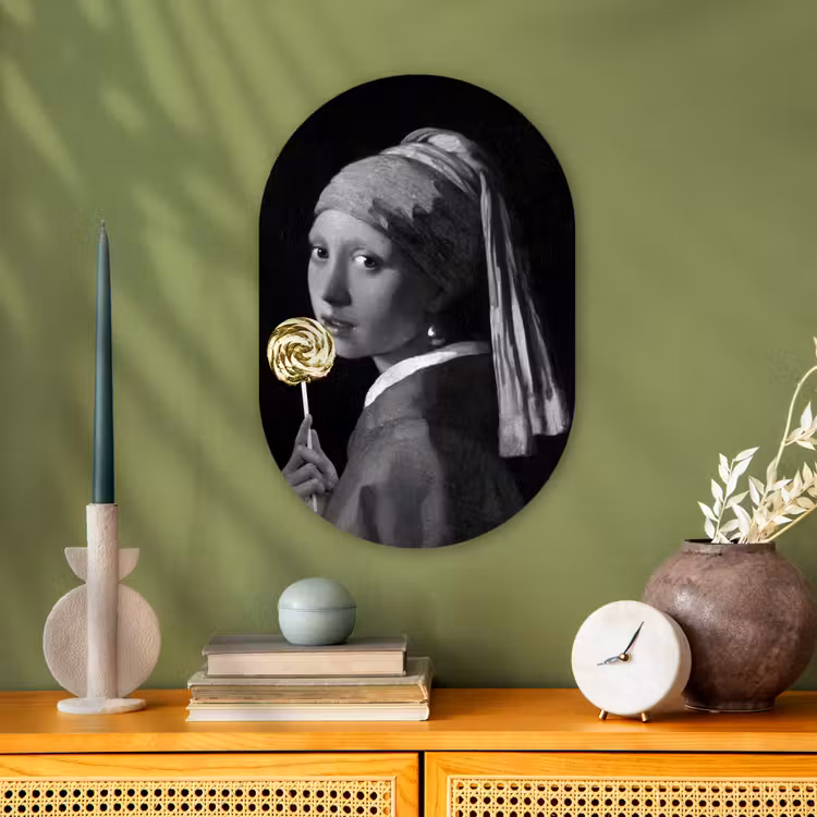 Meisje met de parel - Johannes Vermeer - Lolly - Goud Wandcirkel Ovaal Forex klein -sfeer2