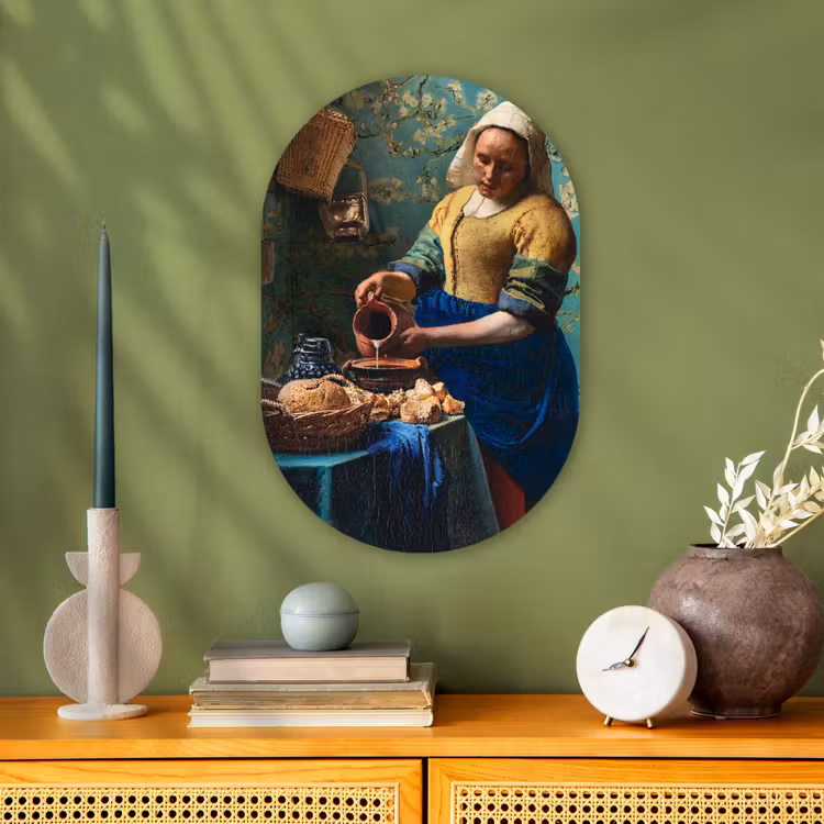 Melkmeisje - Amandelbloesem - Van Gogh - Vermeer - Schilderij - Oude meesters Wandcirkel Ovaal Forex klein -sfeer2