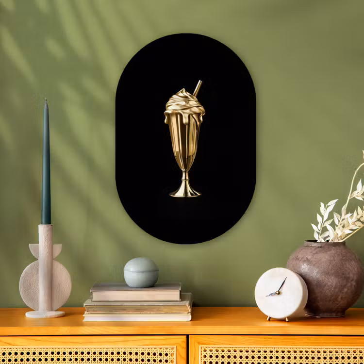 Milkshake - Goud - Drinken - Zwart Wandcirkel Ovaal Forex klein -sfeer2