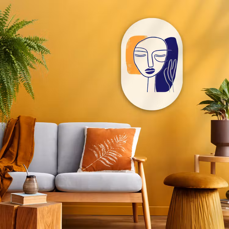 Minimalistisch - Gezicht - Hand - Oranje - Blauw Wandcirkel Ovaal Forex klein -sfeer4