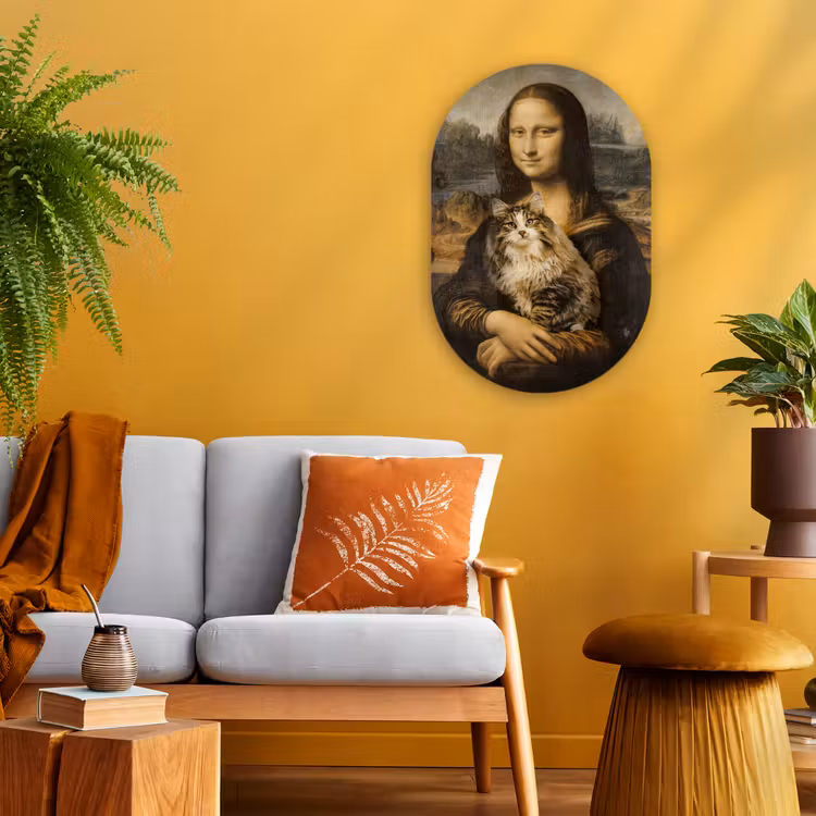 Mona Lisa - Kat - Leonardo da Vinci - Vintage - Kunstwerk - Oude meesters - Schilderij Wandcirkel Ovaal Forex klein -sfeer4