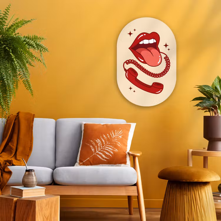 Mond - Telefoon - Popart - Rood - Illustratie Wandcirkel Ovaal Forex klein -sfeer4