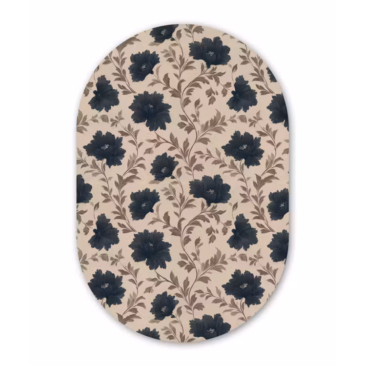 Motief - Bloemen - Zwart - Beige Wandcirkel Ovaal Forex klein 630 -3d