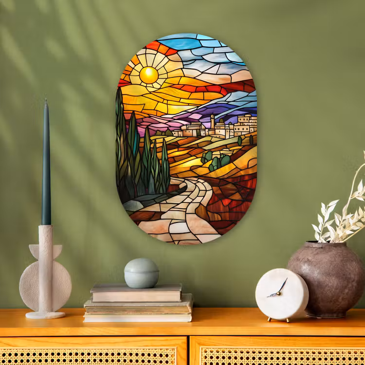 Mozaïek - Zon - Landschap - Dorp Wandcirkel Ovaal Forex klein -sfeer2