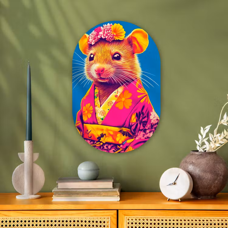 Muis - Kimono - Bloemen - Blauw Wandcirkel Ovaal Forex klein -sfeer2