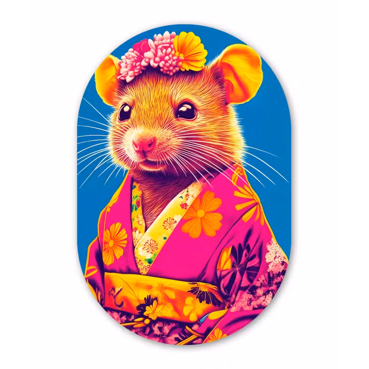Muis - Kimono - Bloemen - Blauw Wandcirkel Ovaal Forex klein -3d