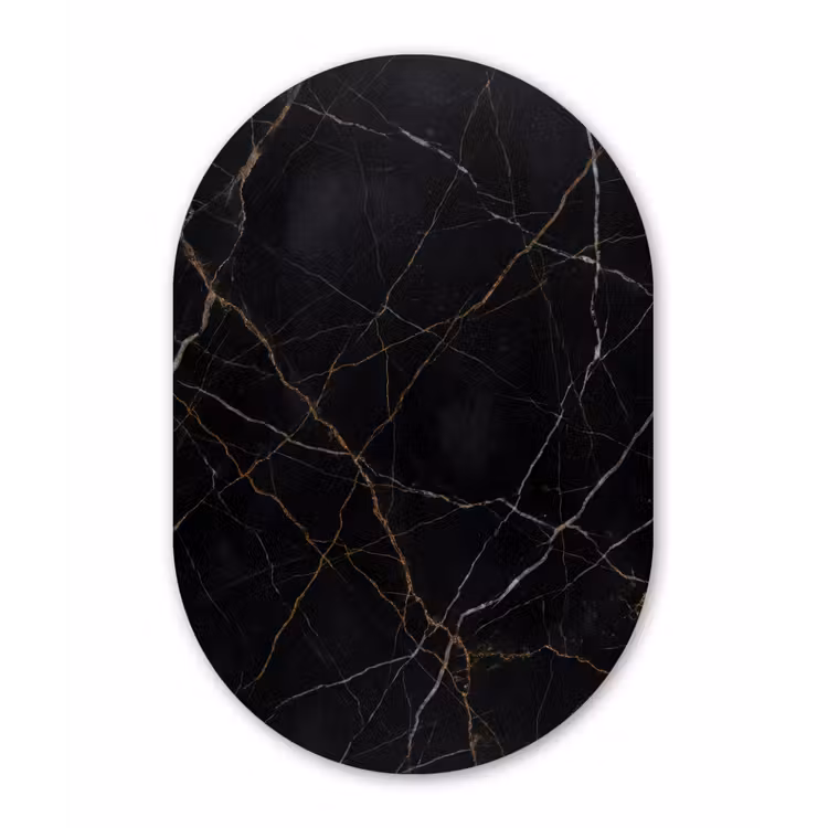 Natuursteen - Marmerpatroon - Abstract - Modern - Zwart - Goud Wandcirkel Ovaal Forex klein -3d