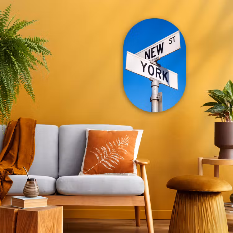 New York - Straatbord - Stad - Urban - Blauw Wandcirkel Ovaal Forex klein -sfeer4