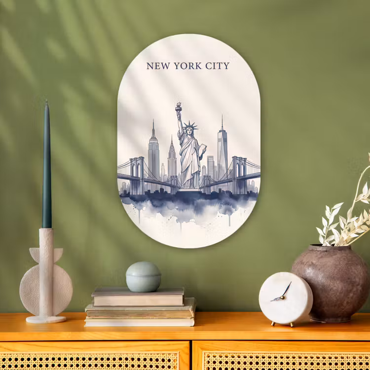 New York - Vrijheidsbeeld - Skyline - Illustratie - Blauw Wandcirkel Ovaal Forex klein -sfeer2
