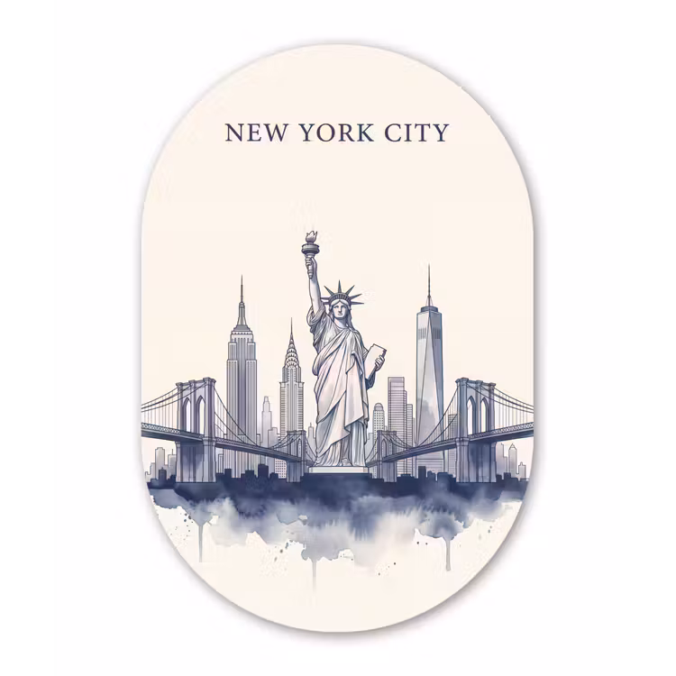 New York - Vrijheidsbeeld - Skyline - Illustratie - Blauw Wandcirkel Ovaal Forex klein -3d