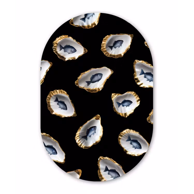Oesters - Vissen - Blauw - Goud Wandcirkel Ovaal Forex klein -3d