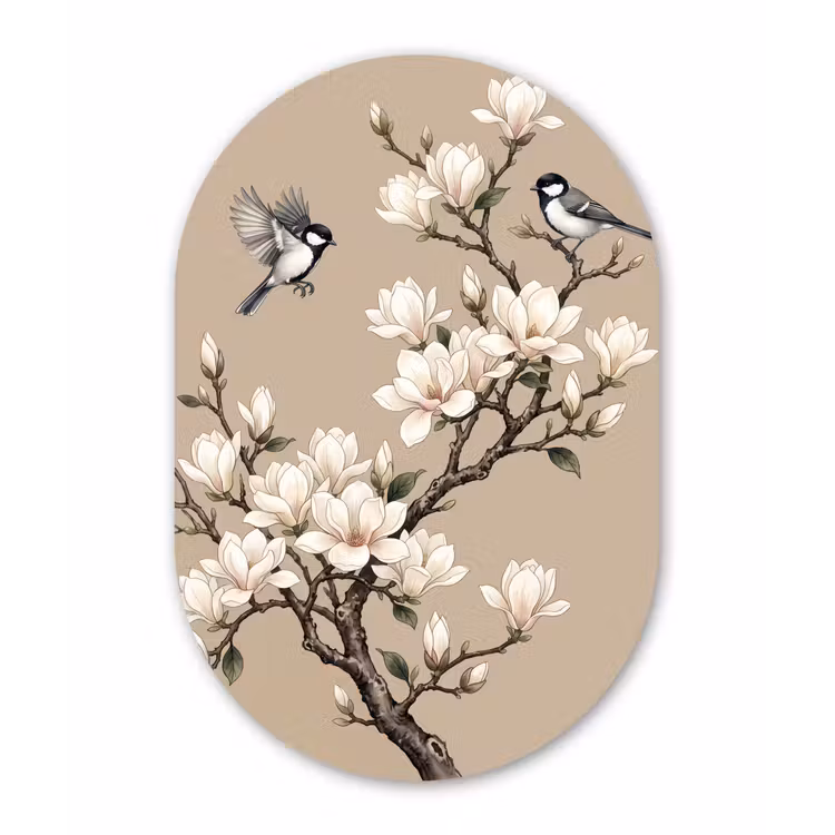 Oosters - Vogels - Beige Wandcirkel Ovaal Forex klein -3d