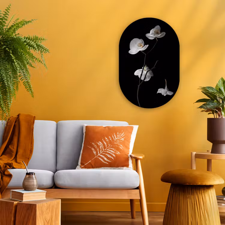 Orchidee - Bloemen - Zwart - Wit - Stilleven Wandcirkel Ovaal Forex klein -sfeer4