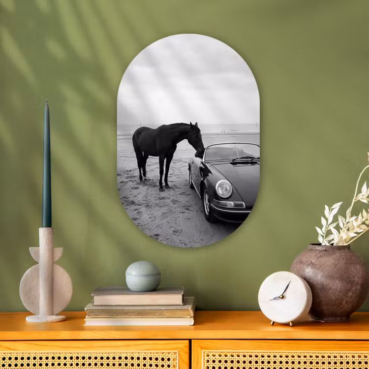 Paard - Auto - Zwart - Wit Wandcirkel Ovaal Forex klein -sfeer2