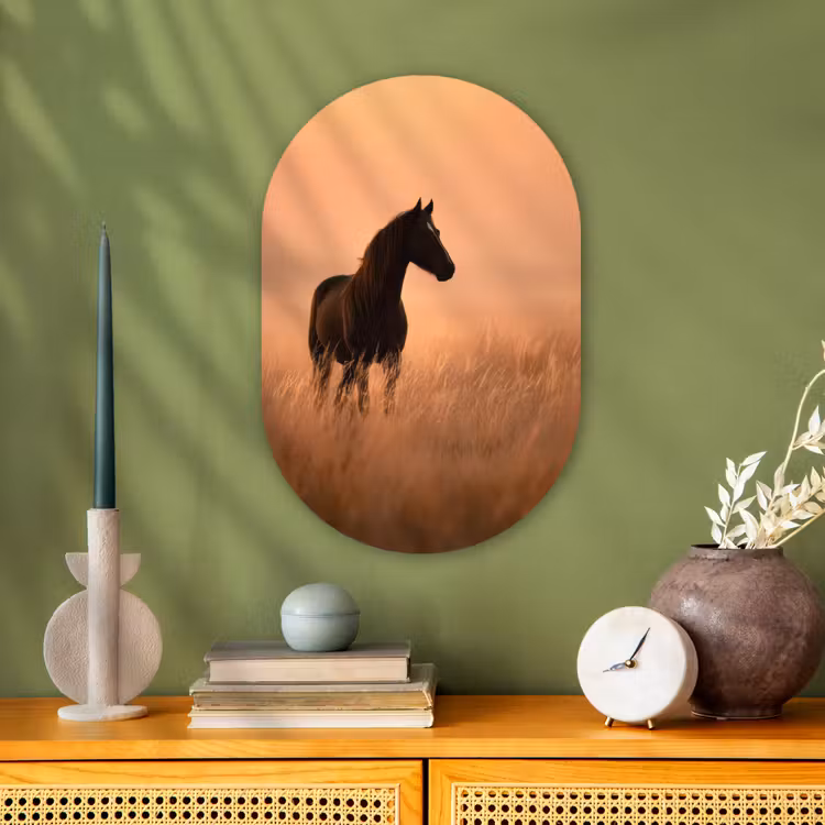 Paard - Grasveld - Zonsondergang Wandcirkel Ovaal Forex klein -sfeer2