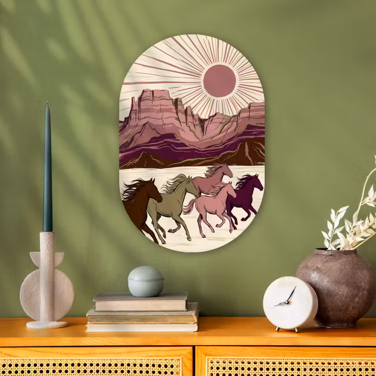 Paarden - Rennend - Woestijn - Natuur - Abstract Wandcirkel Ovaal Forex klein -sfeer2