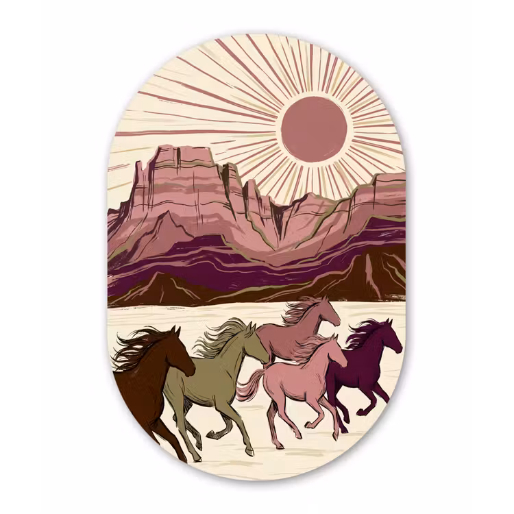 Paarden - Rennend - Woestijn - Natuur - Abstract Wandcirkel Ovaal Forex klein -3d
