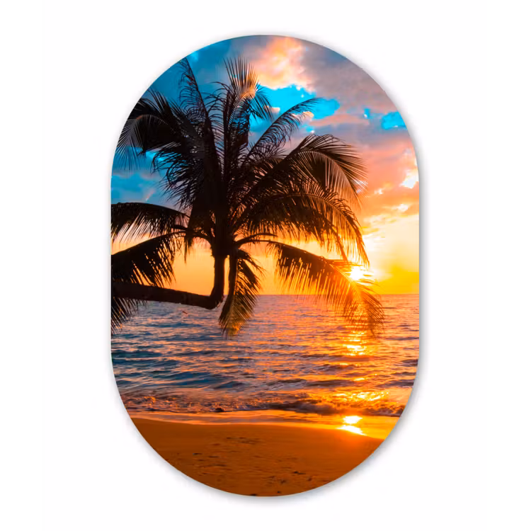 Palm - Zonsondergang - Horizon - Strand - Zee Wandcirkel Ovaal Forex klein -3d