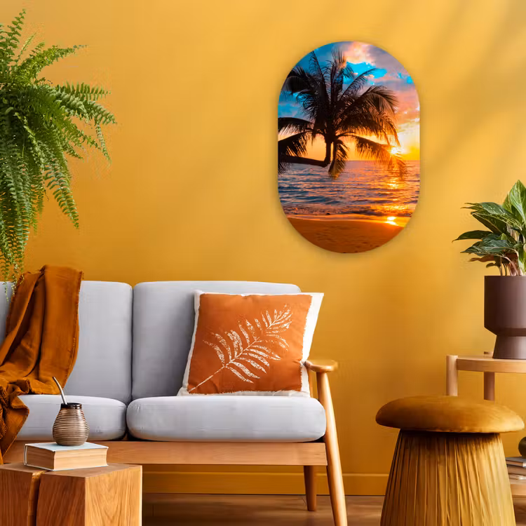 Palm - Zonsondergang - Horizon - Strand - Zee Wandcirkel Ovaal Forex klein -sfeer4