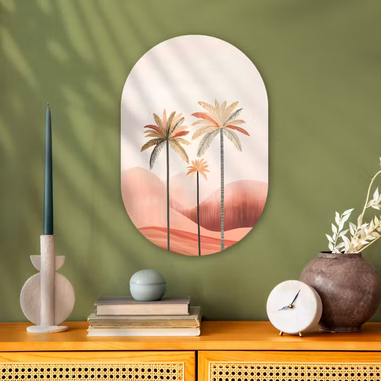 Palmbomen - Heuvels - Minimalistisch - Zachtroze Wandcirkel Ovaal Forex klein -sfeer2