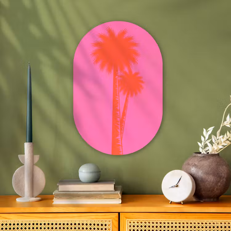 Palmbomen - Modern - Roze Wandcirkel Ovaal Forex klein -sfeer2