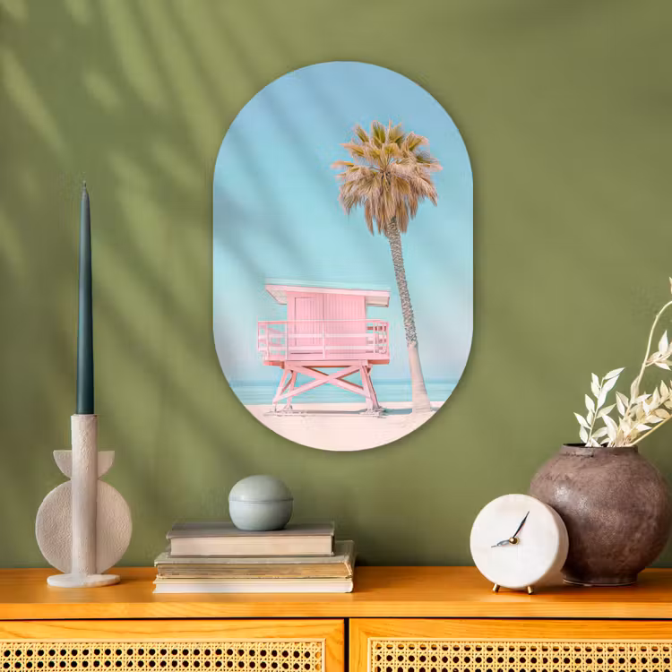 Palmboom - Strandhuis - Roze Wandcirkel Ovaal Forex klein -sfeer2