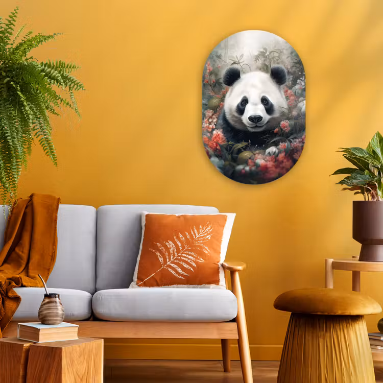 Panda - Wilde dieren - Bloemen - Natuur Wandcirkel Ovaal Forex klein -sfeer4