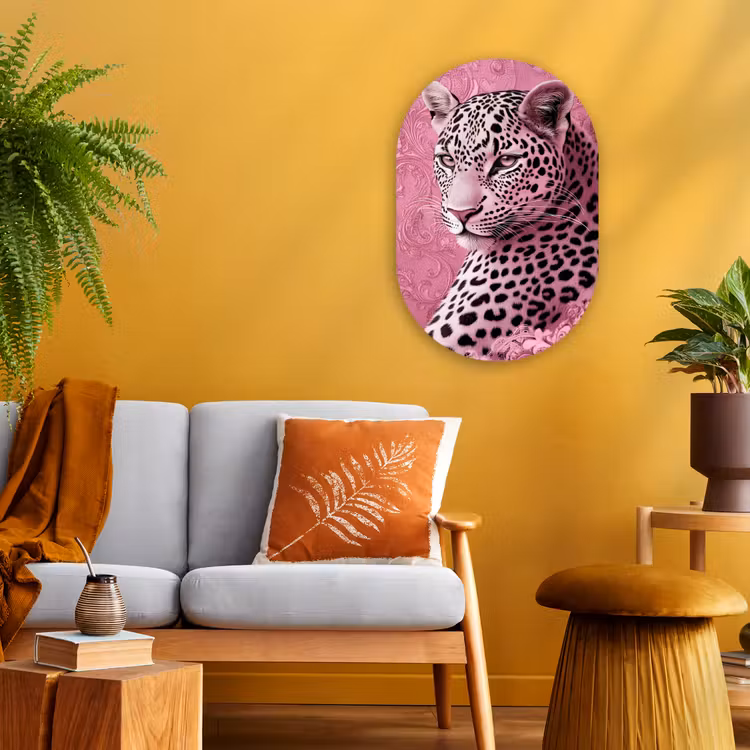 Panter - Luxe - Roze Wandcirkel Ovaal Forex klein -sfeer4