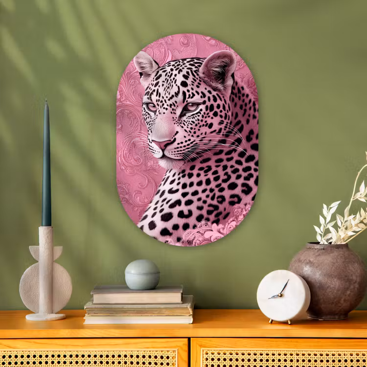Panter - Luxe - Roze Wandcirkel Ovaal Forex klein -sfeer2