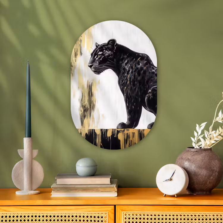 Panter - Zwart - Abstract - Goud Wandcirkel Ovaal Forex klein -sfeer2