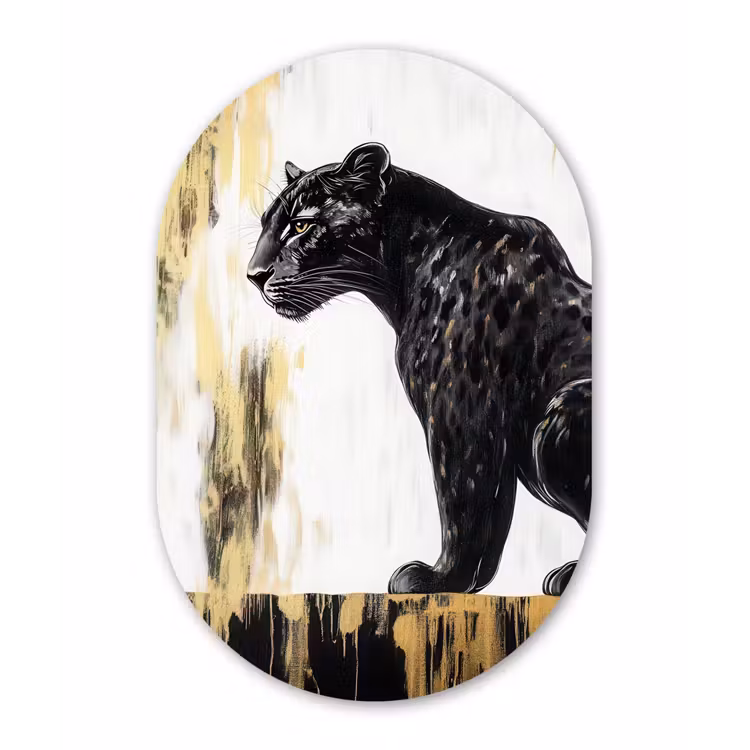 Panter - Zwart - Abstract - Goud Wandcirkel Ovaal Forex klein -3d