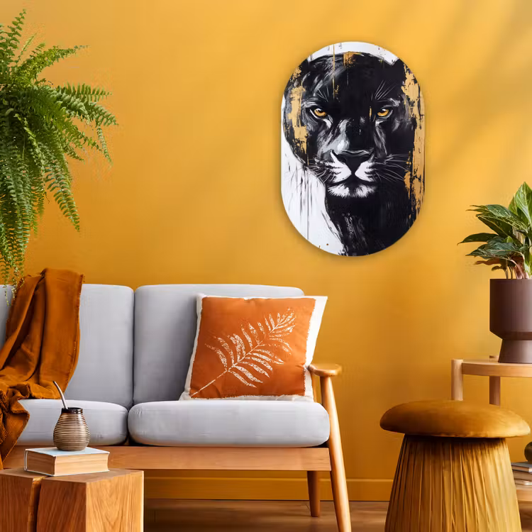 Panter - Zwart - Abstract - Verfstreken Wandcirkel Ovaal Forex klein -sfeer4