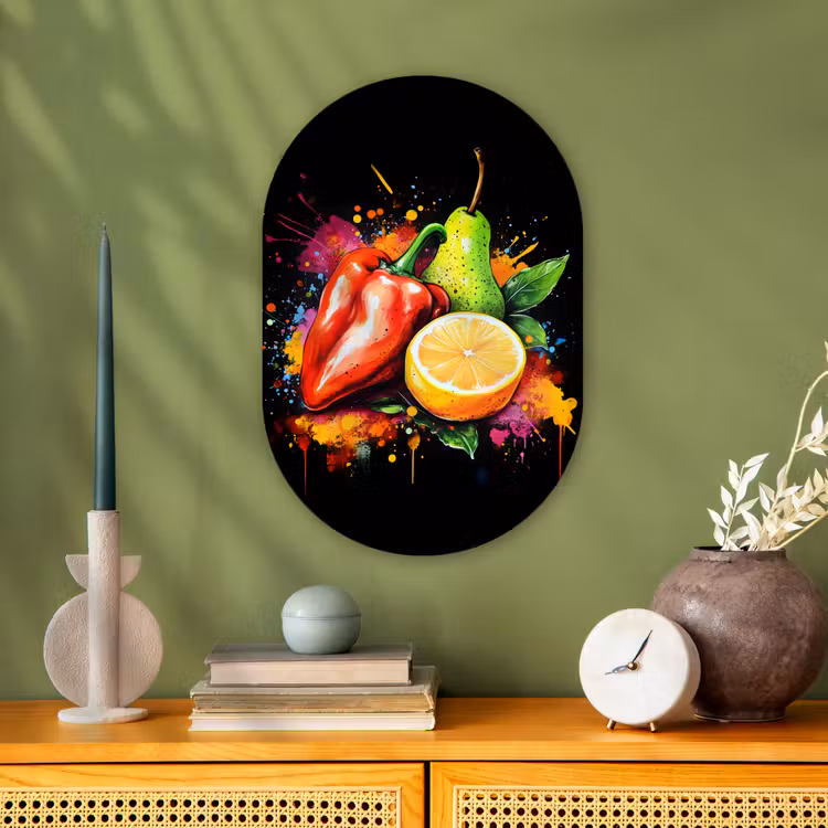 Paprika - Peer - Citroen - Graffiti - Verf - Abstract Wandcirkel Ovaal Forex klein -sfeer2