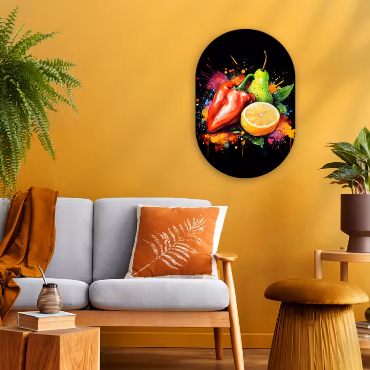Paprika - Peer - Citroen - Graffiti - Verf - Abstract Wandcirkel Ovaal Forex klein -sfeer4