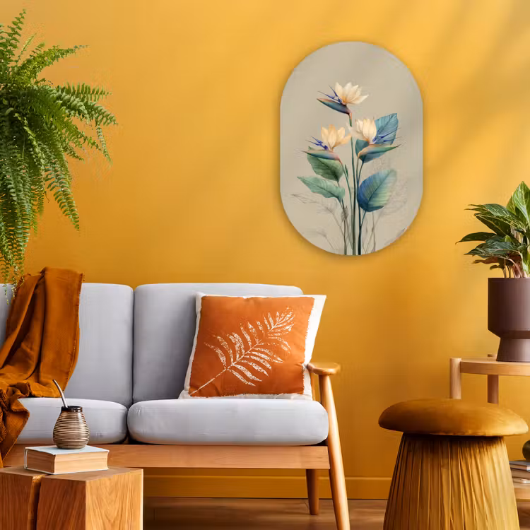Paradijsvogelbloemen - Blauwgroene bladeren - Beige Wandcirkel Ovaal Forex klein -sfeer4