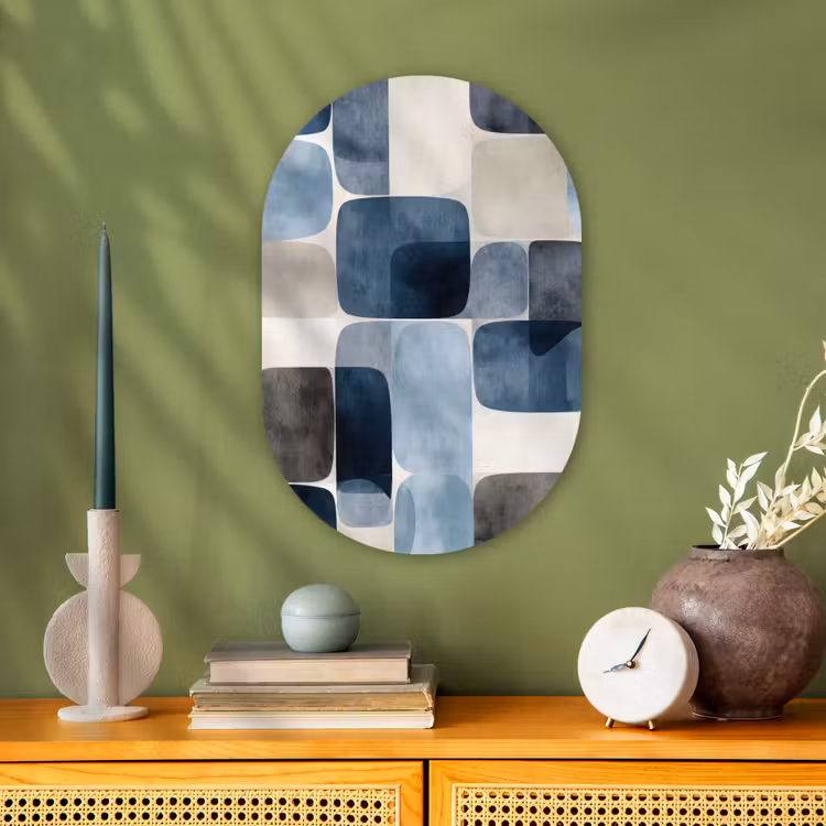 Patroon - Blauw - Vierkanten Wandcirkel Ovaal Forex klein -sfeer2