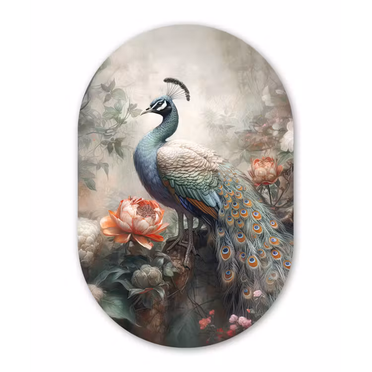 Pauw - Pauwenveren - Vogel - Jungle - Bloemen Wandcirkel Ovaal Forex klein -3d