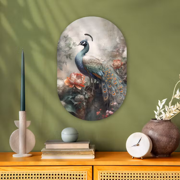 Pauw - Pauwenveren - Vogel - Jungle - Bloemen Wandcirkel Ovaal Forex klein -sfeer2