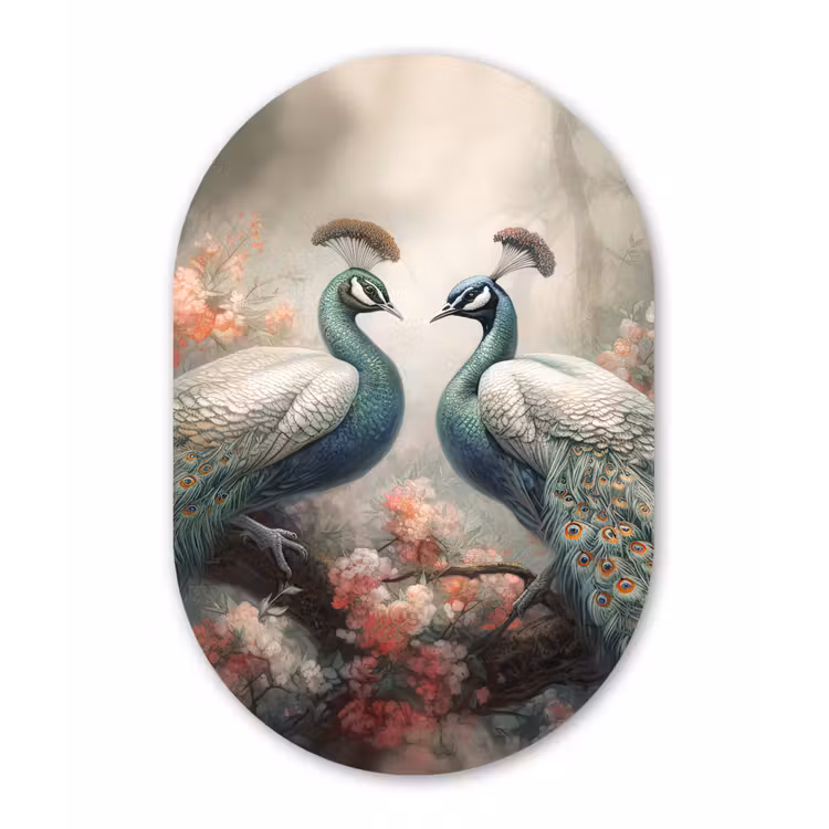 Pauwen - Pauwenveren - Vogels - Bloemen - Natuur Wandcirkel Ovaal Forex klein -3d