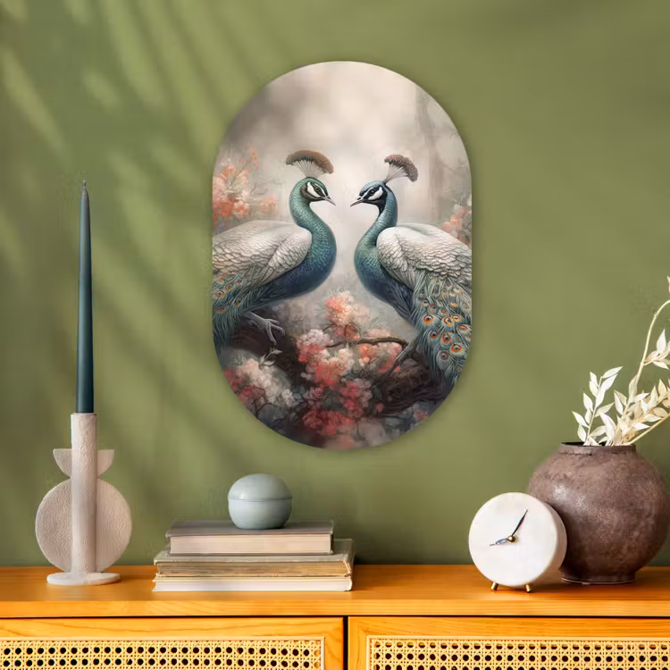Pauwen - Pauwenveren - Vogels - Bloemen - Natuur Wandcirkel Ovaal Forex klein -sfeer2