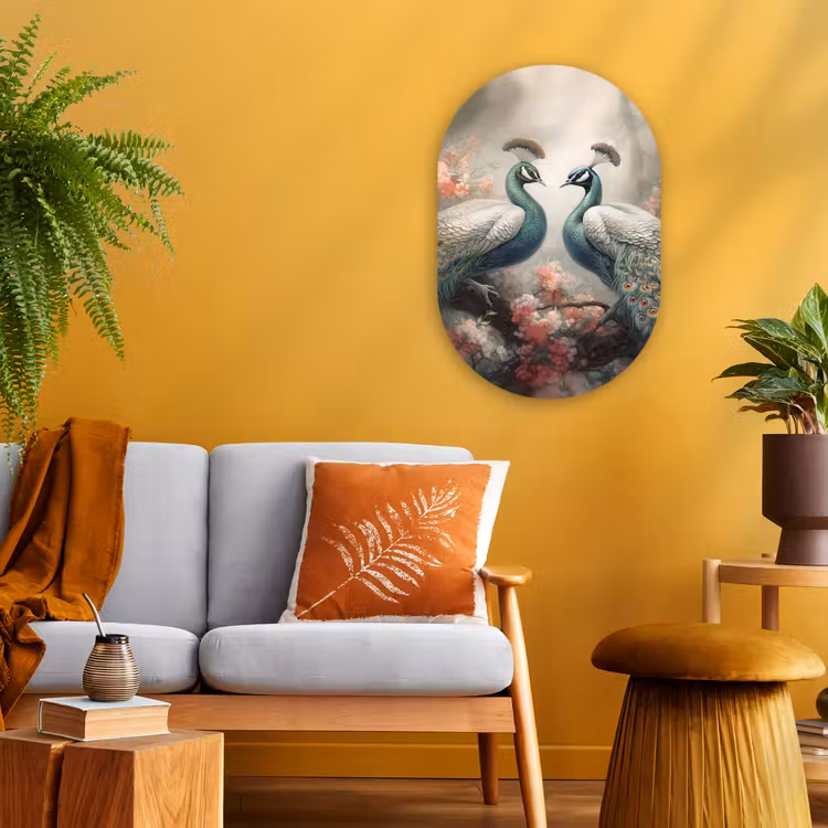 Pauwen - Pauwenveren - Vogels - Bloemen - Natuur Wandcirkel Ovaal Forex klein -sfeer4